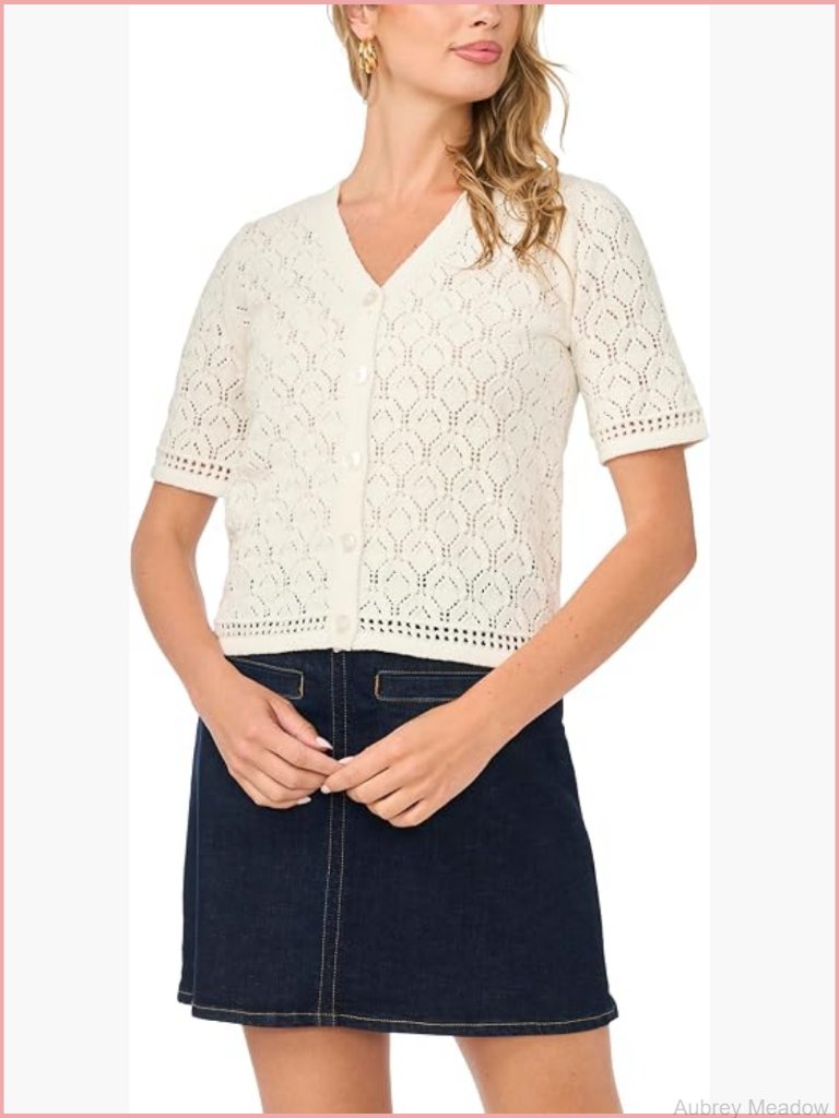 Pointelle Short Sleeve Cardigan - Lightweight Open Weave Knit